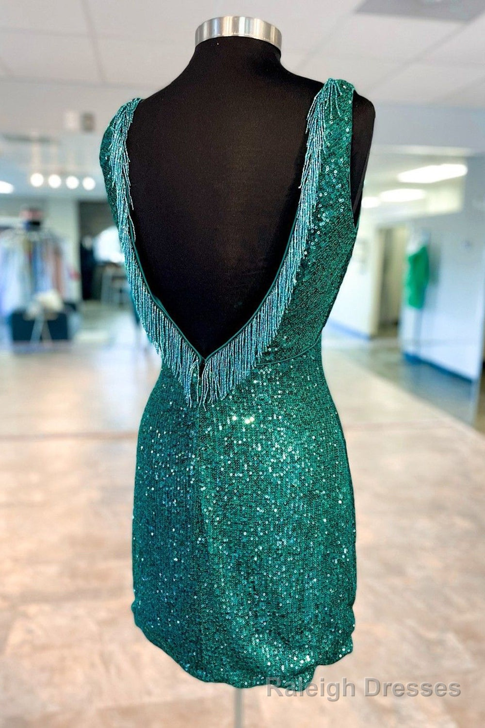 V Neck Hunter Green Sequin Cutout Short Homecoming Dress Secondary image