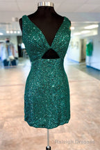 V-Neck Hunter Green Sequin Cutout Short Homecoming Dress