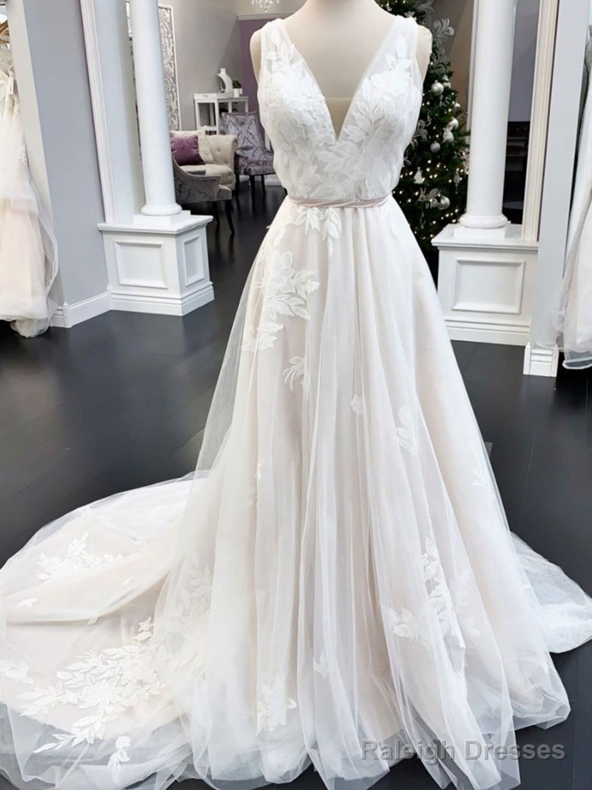 V Neck Ivory Lace Wedding Dress Ivory Lace Prom Dress