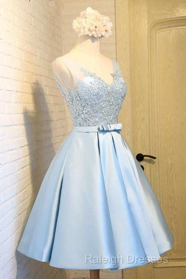 V-Neck Knee-Length Light Blue Satin Homecoming Dresses With Appliques Secondary image