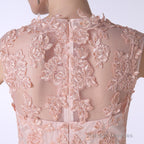V-Neck Lace Applique Tulle A Line Peach Pink Prom Dresses