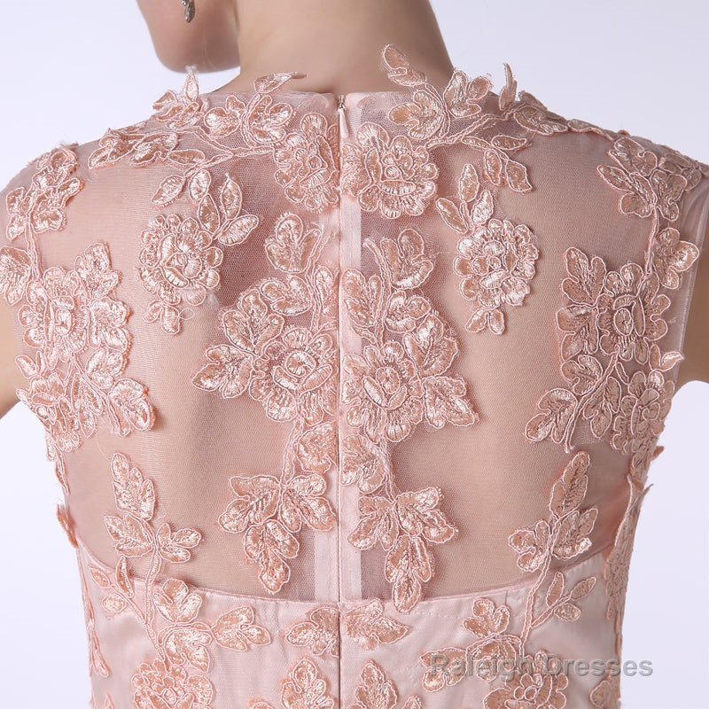 V-Neck Lace Applique Tulle A Line Peach Pink Prom Dresses