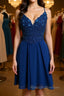 V Neck Lace Beaded Blue Homecoming Dresses Short Prom Dresses, Blue Lace Graduation Dresses, Blue Formal Dresses, Evening Dresses