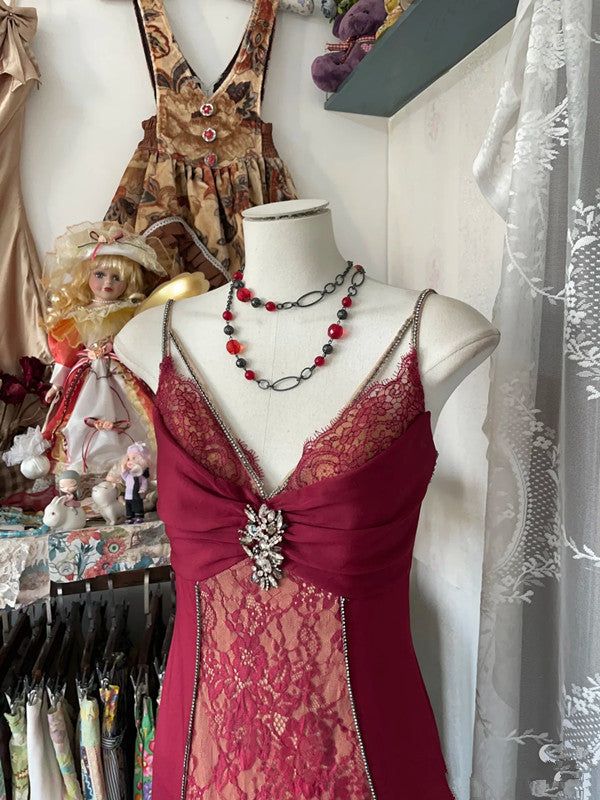V Neck Lace Burgundy Prom Dresses Long Mermaid Prom Gowns