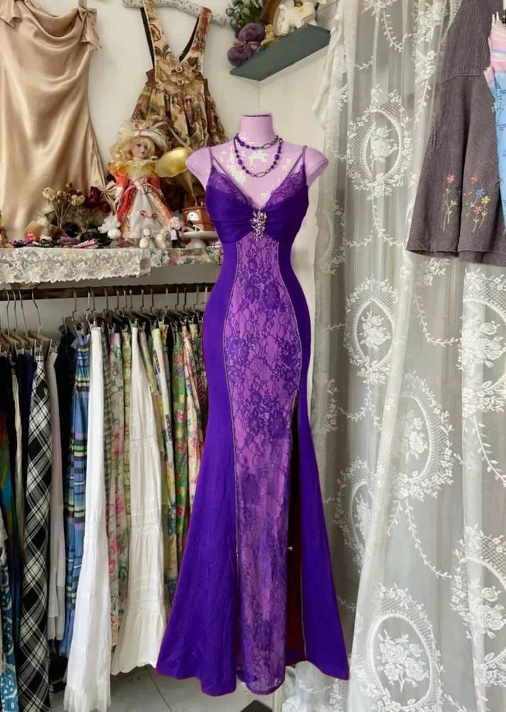 V Neck Lace Burgundy Prom Dresses Long Mermaid Prom Gowns