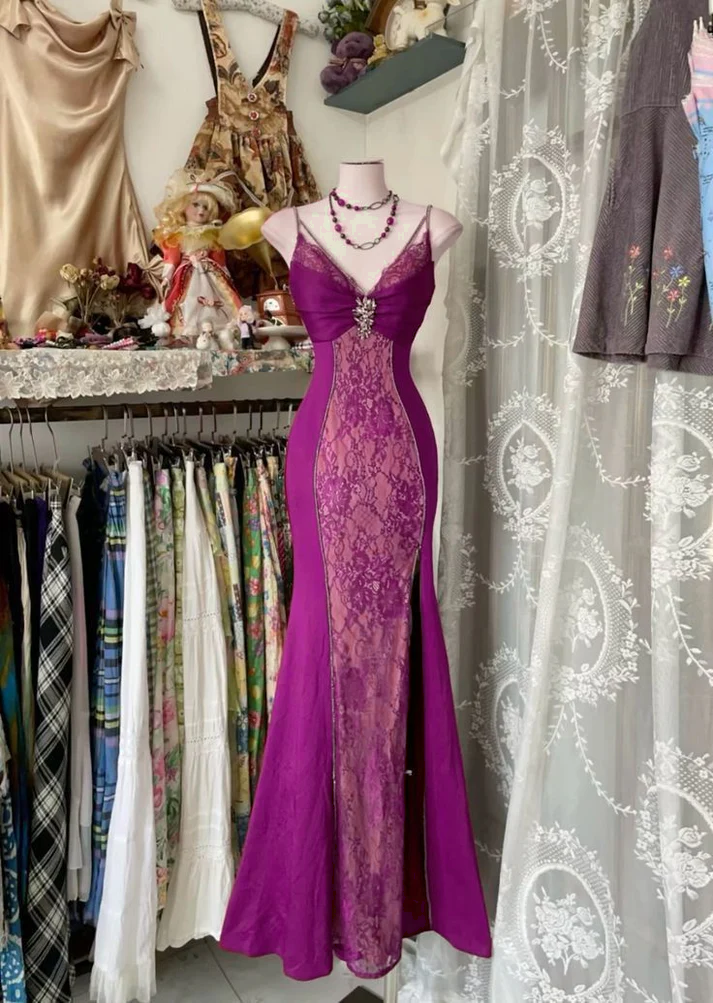 V Neck Lace Burgundy Prom Dresses Long Mermaid Prom Gowns