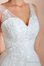 V-Neck Lace Pleated White A-Line Wedding Dresses