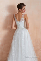V-Neck Lace Pleated White A-Line Wedding Dresses