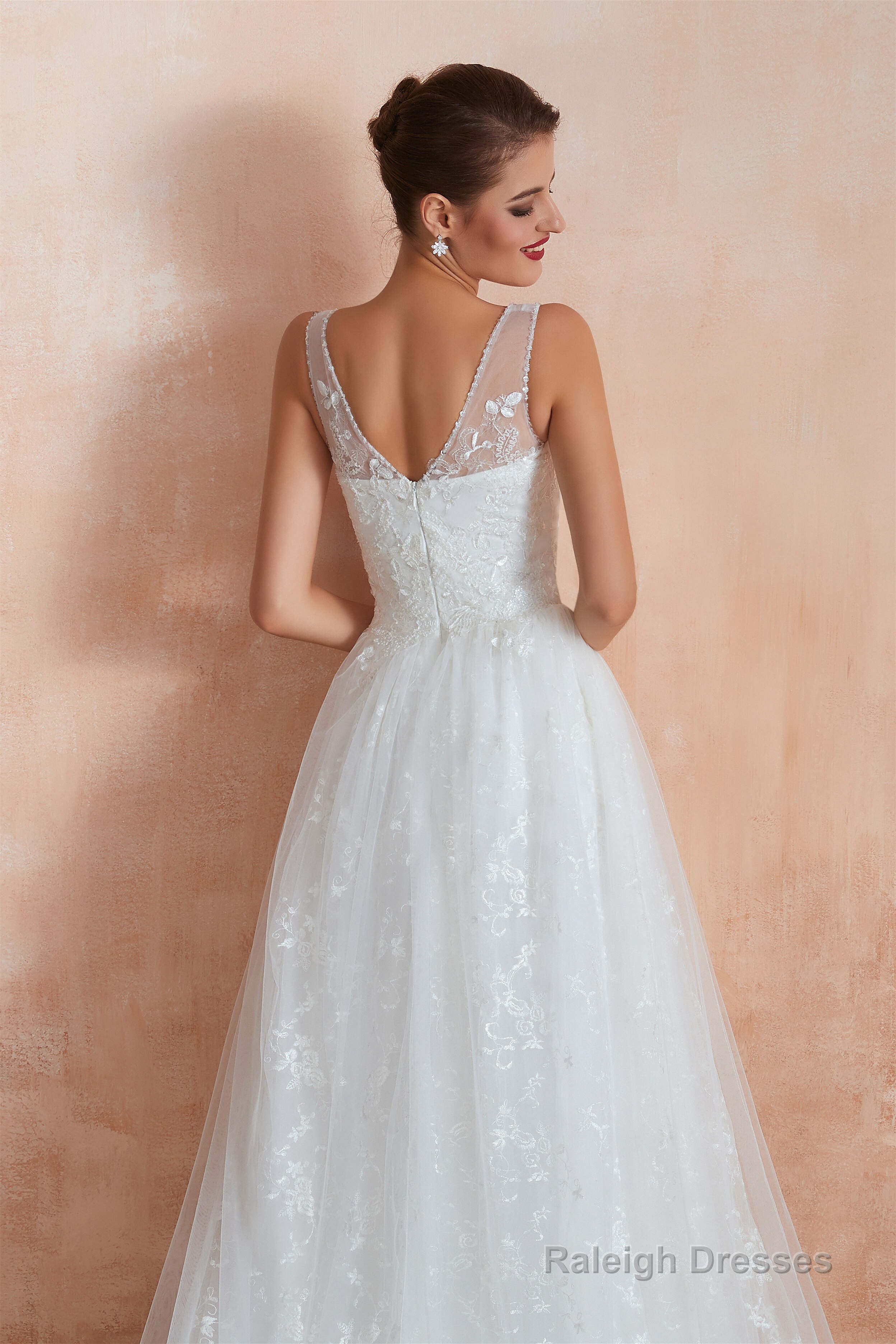 V-Neck Lace Pleated White A-Line Wedding Dresses