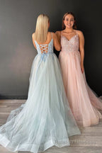 V Neck Lace-Up Appliques Tulle A Line Prom Dress