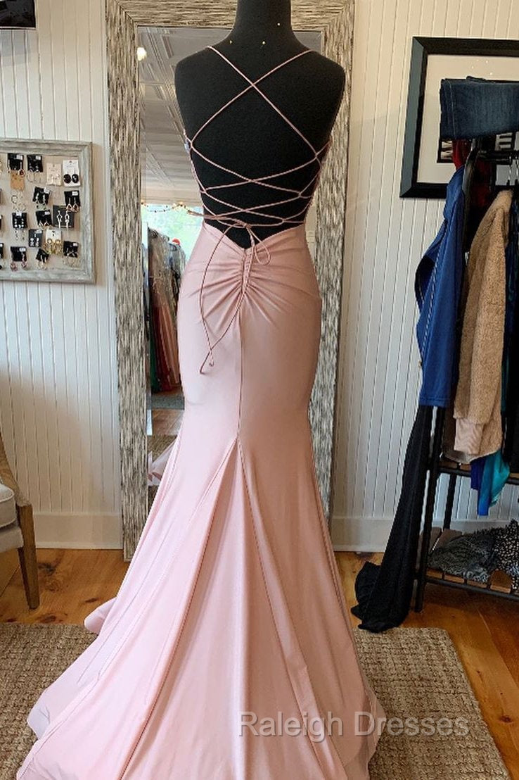 V Neck Lace-Up Back Sexy Mermaid Pink Long Prom Dress