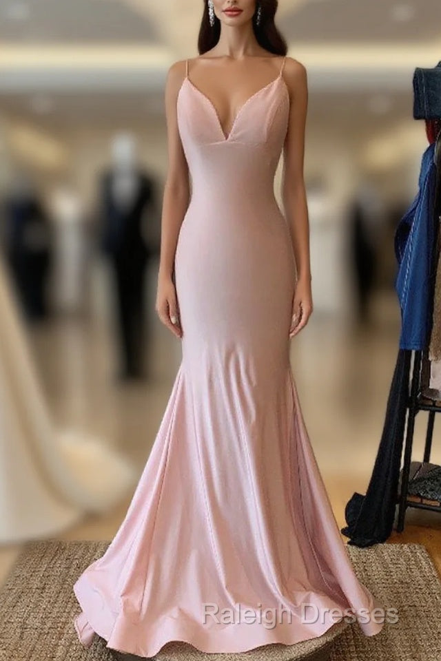 V Neck Lace-Up Back Mermaid Pink Long Prom Dresses