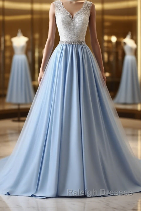 V Neck Light Blue Lace Prom Dresses, Light Blue Lace Formal Evening Dresses