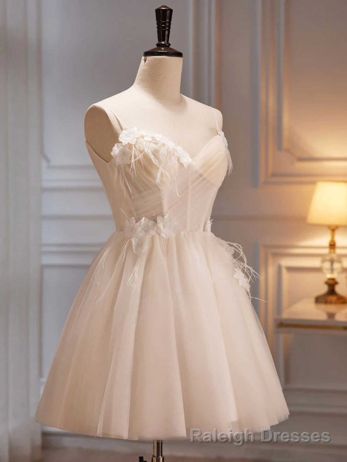 V Neck Light Champagne Tulle Short Prom Dresses, Short Champagne Tulle Formal Homecoming Dresses Main image