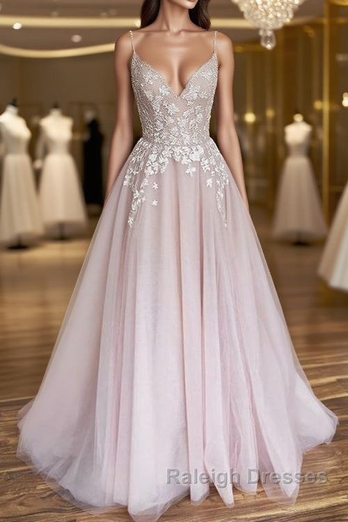 V Neck Light Pink Tulle Lace Prom Dresses, Light Pink Tulle Lace Formal Evening Dresses