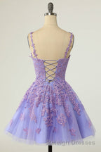 V Neck Lilace Tulle A Line Short Prom Dresses with Appliques