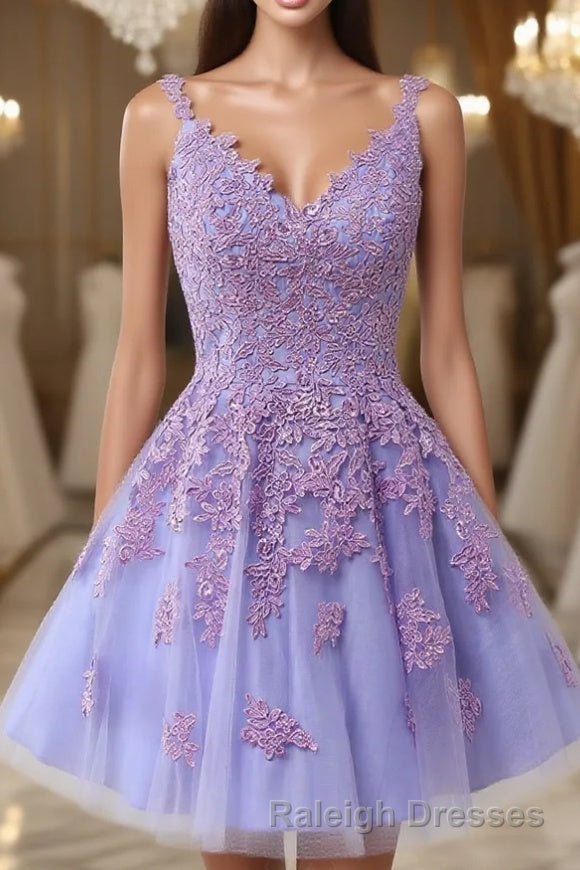 V Neck Lilace Tulle A Line Short Prom Dresses with Appliques Main image