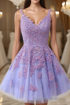 V Neck Lilace Tulle A Line Short Prom Dresses with Appliques