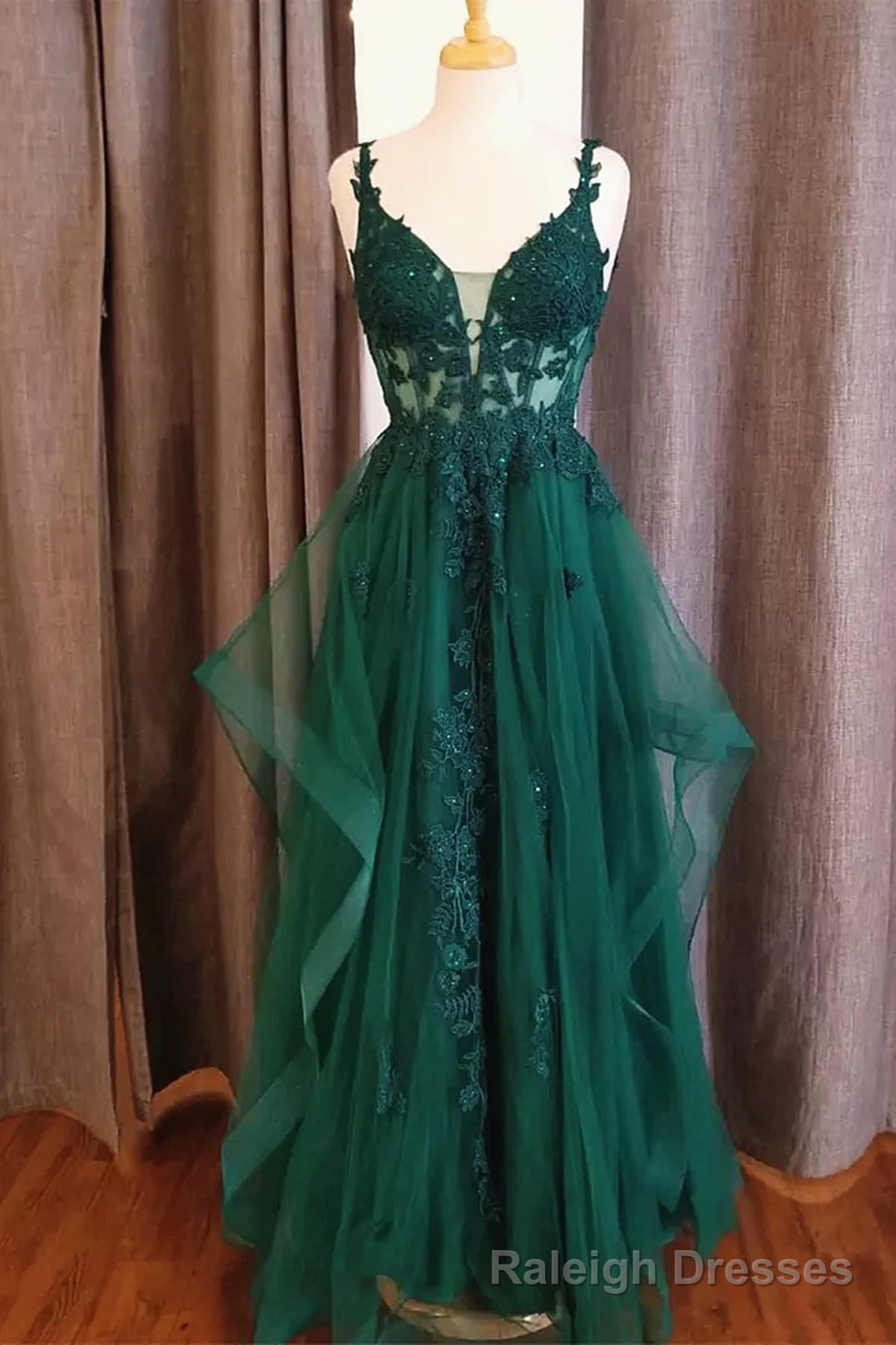 V Neck Long Green Lace Prom Dresses, V Neck Long Green Lace Formal Prom Dresses