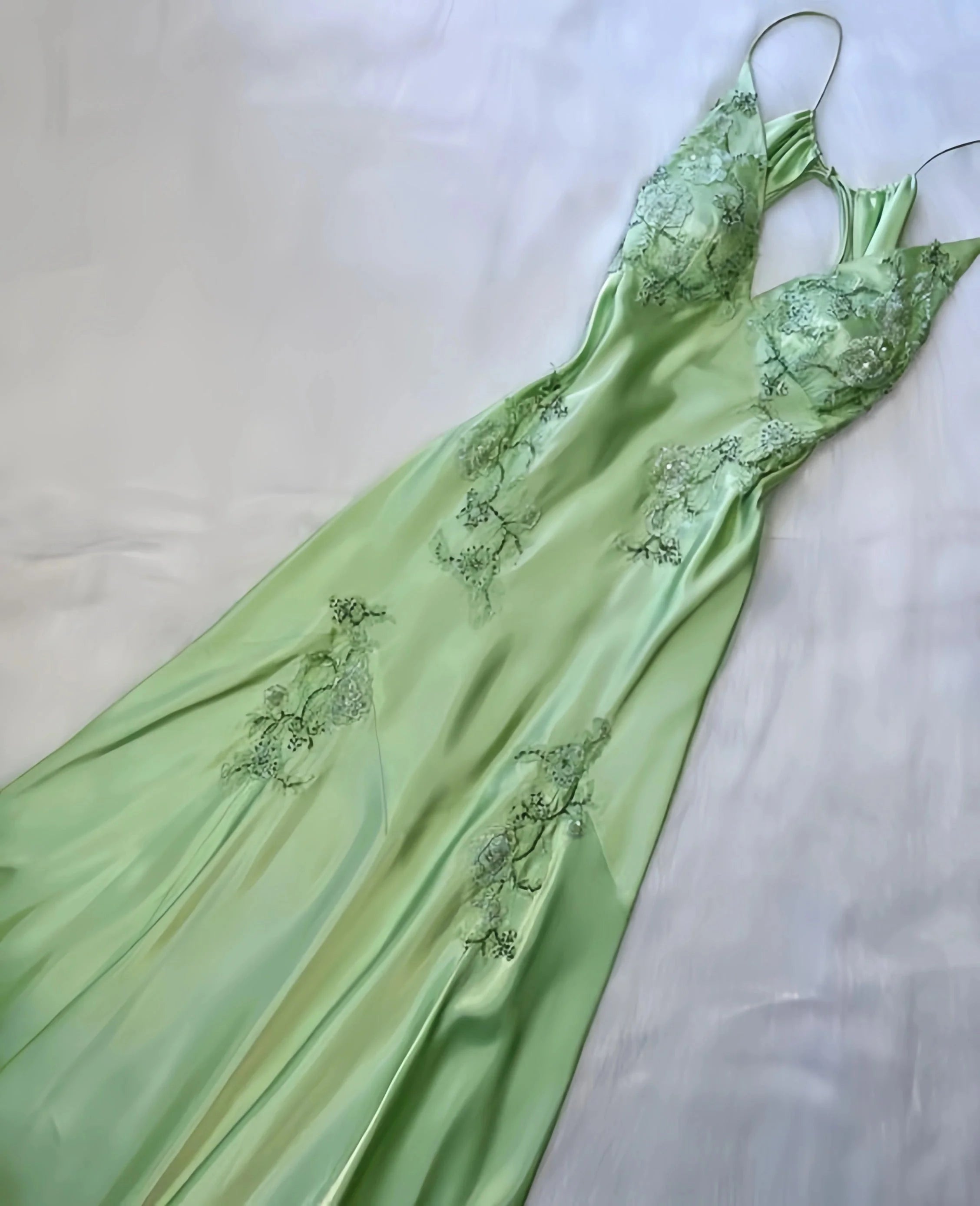 V-Neck Long Prom Dresses ,Light Green Evening Formal Gown