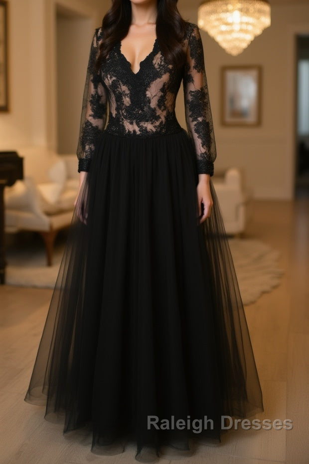 V Neck Long Sleeves Black Lace Long Prom Dress, Long Sleeves Black Lace Formal Dress, Black Lace Evening Dress