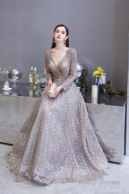 V-neck Long Sleeves Floor Length Lace A-line Prom Dresses