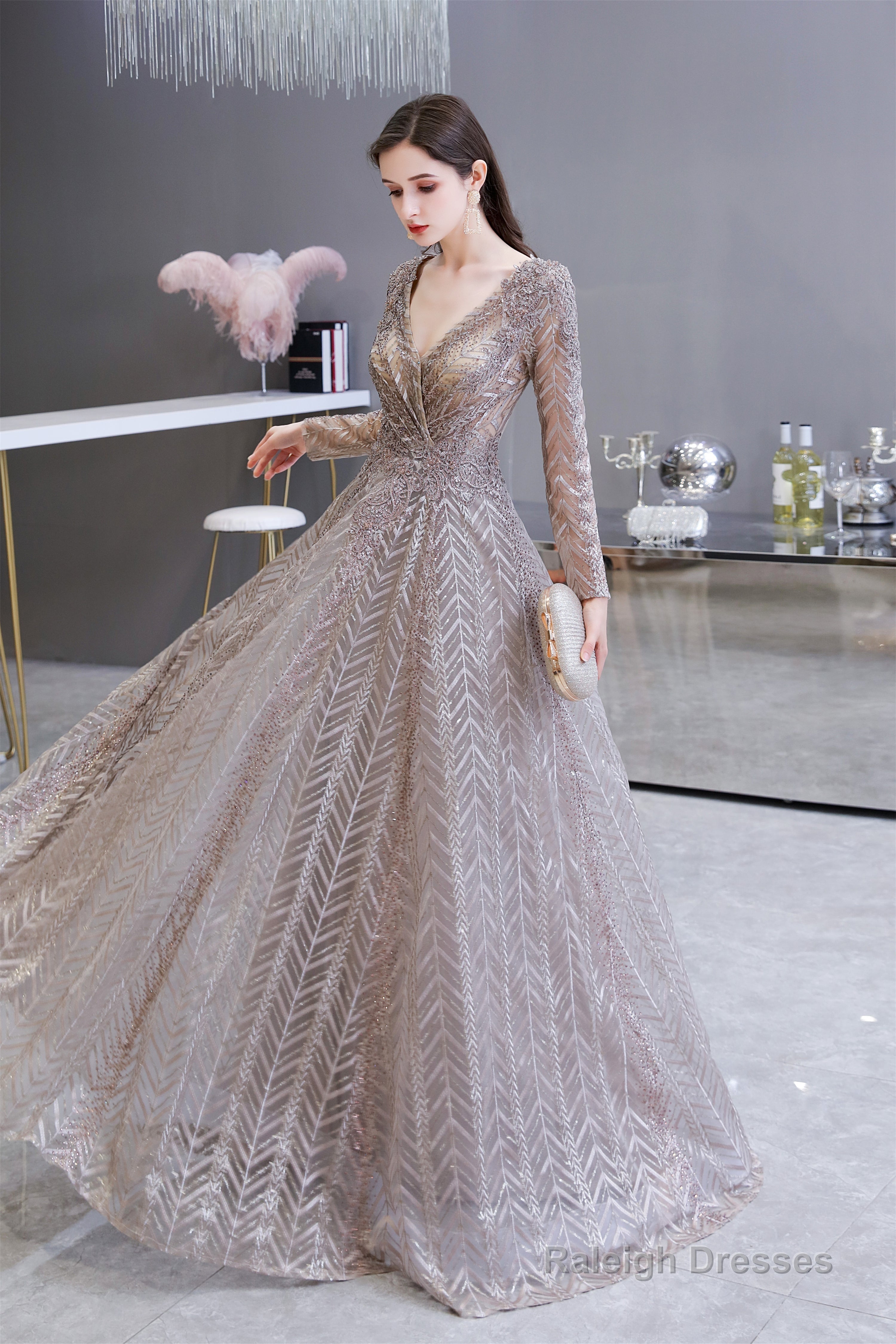 V-neck Long Sleeves Floor Length Lace A-line Prom Dresses