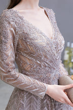 V-neck Long Sleeves Floor Length Lace A-line Prom Dresses