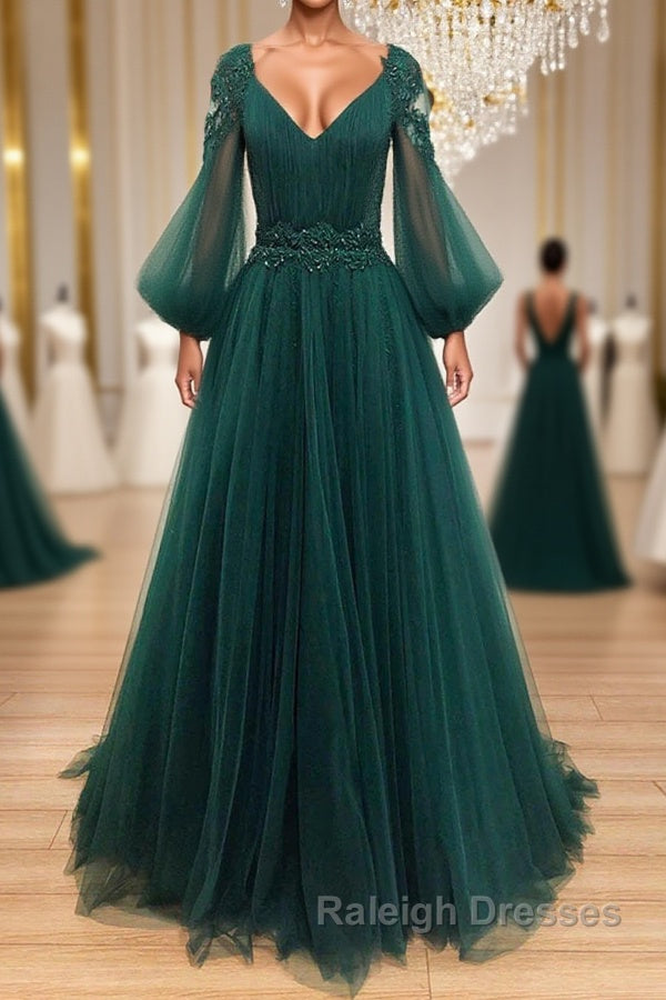V Neck Long Sleeves Green Lace Prom Dresses, V Neck Green Lace Formal Evening Dresses Main image