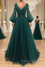 V Neck Long Sleeves Green Lace Prom Dresses, V Neck Green Lace Formal Evening Dresses