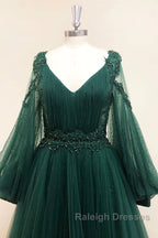 V Neck Long Sleeves Green Lace Prom Dresses, V Neck Green Lace Formal Evening Dresses