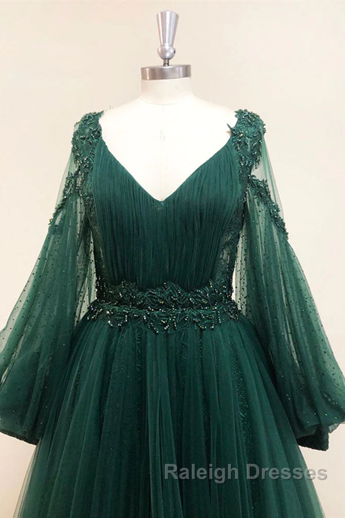 V Neck Long Sleeves Green Lace Prom Dresses, V Neck Green Lace Formal Evening Dresses