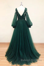 V Neck Long Sleeves Green Lace Prom Dresses, V Neck Green Lace Formal Evening Dresses