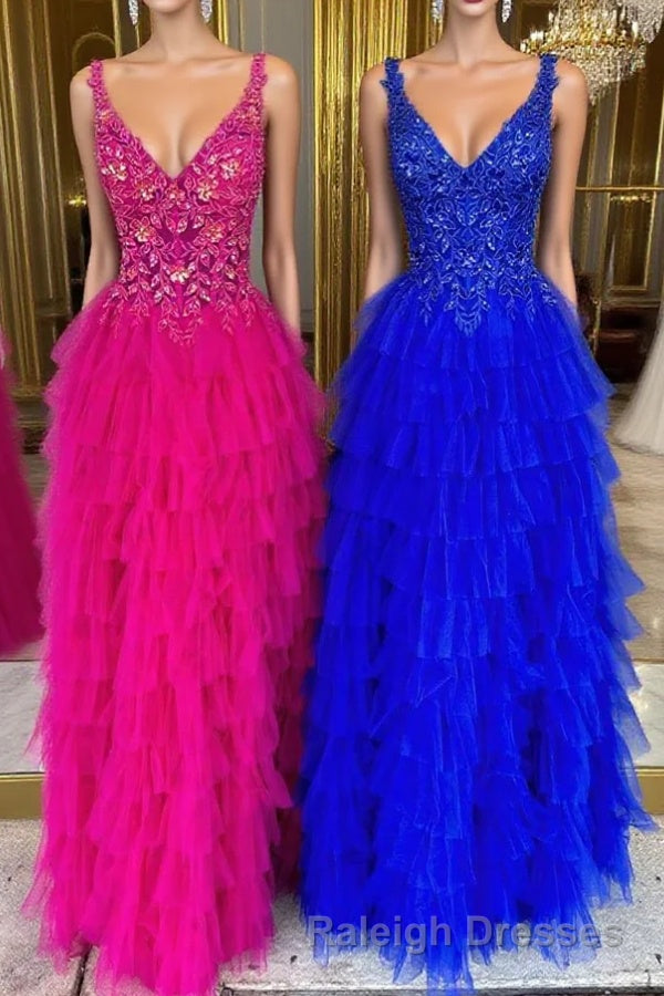 V Neck Magenta Lace Appliques Layered Tulle Prom Dresses Main image