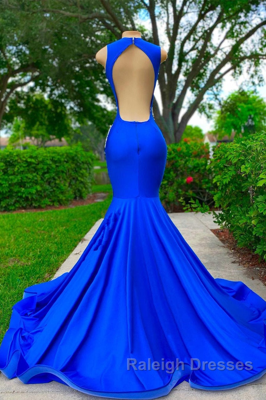V Neck Mermaid Appliques Lace Sequined Open Back One Shoulder Floor Length Sleeveless Prom Dresses