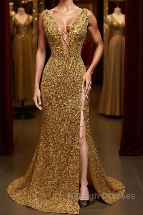 V Neck Mermaid Golden Sequins Prom Dresses Long with High Slit Mermaid Golden Prom Dresses Gold Sequins Prom Dresses