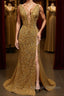 V Neck Mermaid Golden Sequins Prom Dresses Long with High Slit Mermaid Golden Prom Dresses Gold Sequins Prom Dresses
