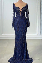 V Neck Mermaid Lace Floor Length Long Sleeve Sequined Prom Dress