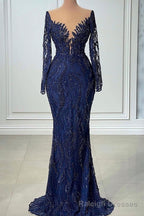 V-neck Mermaid Lace Floor-length Long Sleeve Sequined Prom Dress