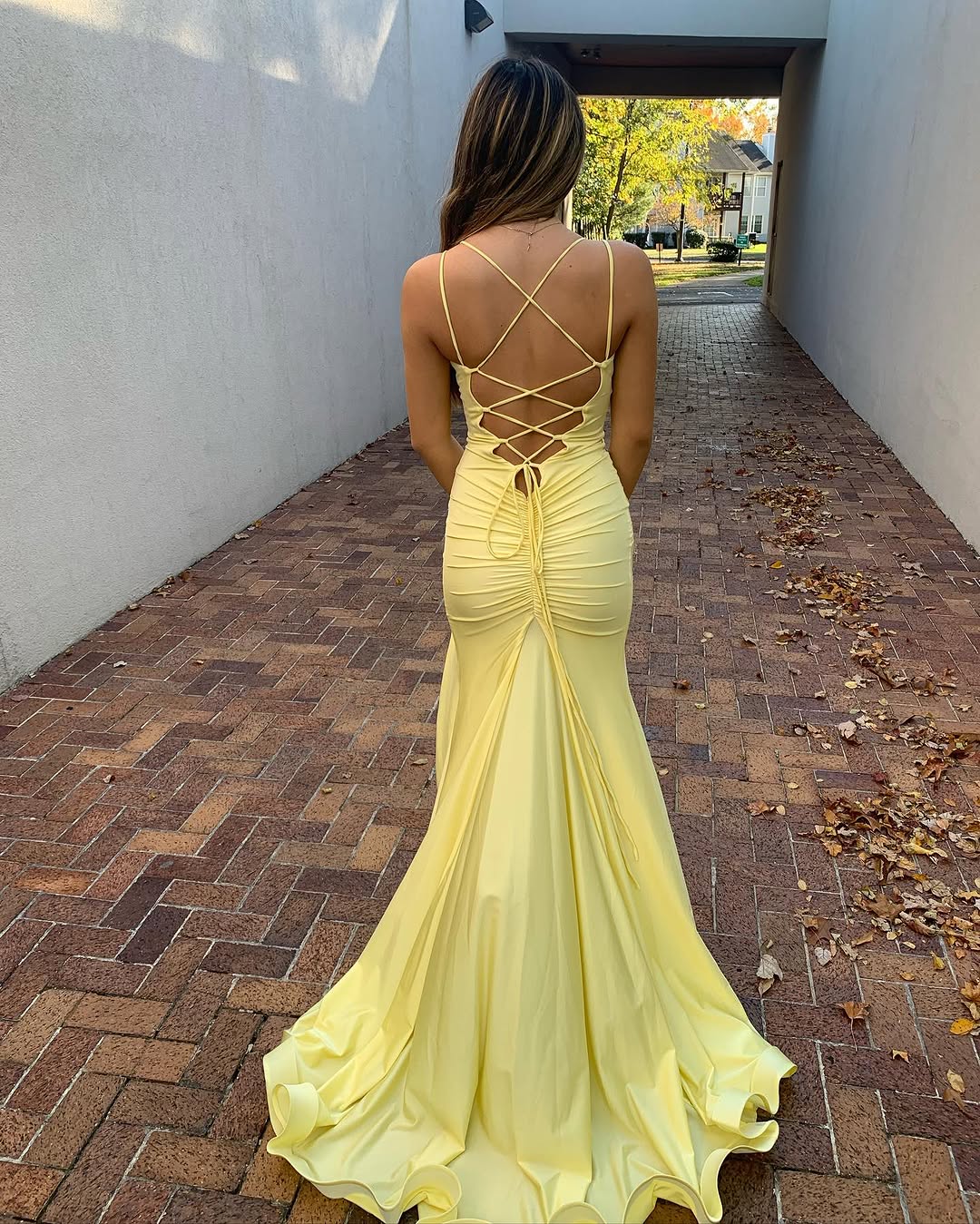 V Neck Mermaid Prom Dresses Long Yellow Prom Dress