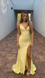 V Neck Mermaid Prom Dresses Long Yellow Prom Dress
