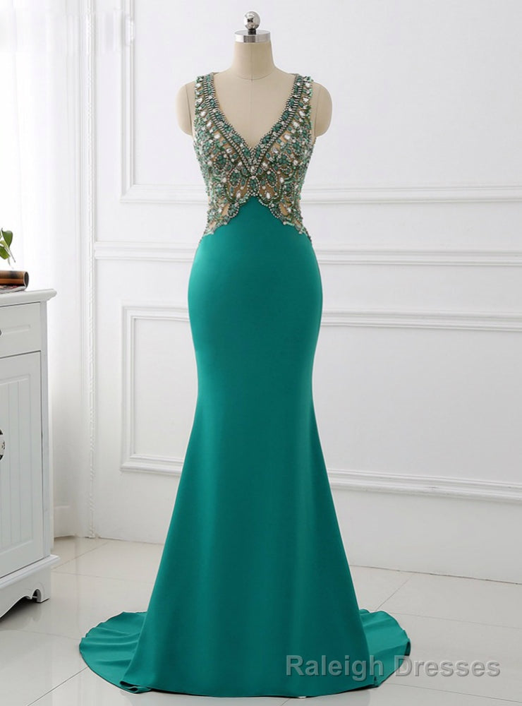 V Neck Mermaid Long Sparkly Beading Formal Prom Dresses Main image