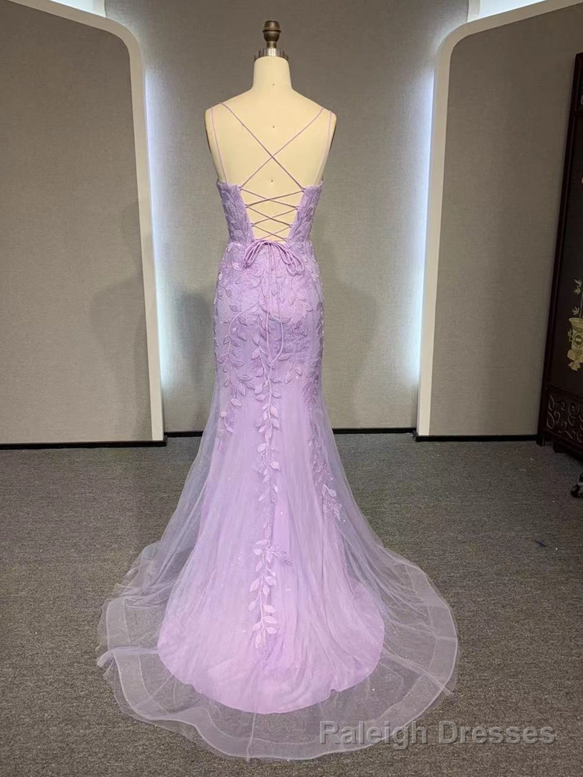 V Neck Mermaid Purple Lace Prom Dresses, V Neck Mermaid Purple Lace Formal Prom Dresses
