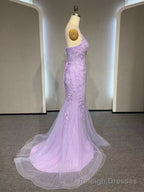 V Neck Mermaid Purple Lace Prom Dresses, V Neck Mermaid Purple Lace Formal Prom Dresses