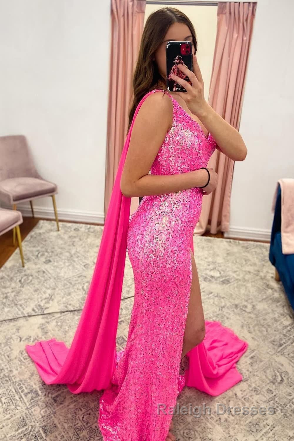 V Neck Mermaid Sparkly Hot Pink Sequins Long Prom Dress with Slit