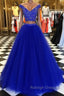 V Neck Off Shoulder 2 Pieces Beads Blue Tulle Long Prom Dress, Blue 2 Pieces Ball Gown, Evening Dress