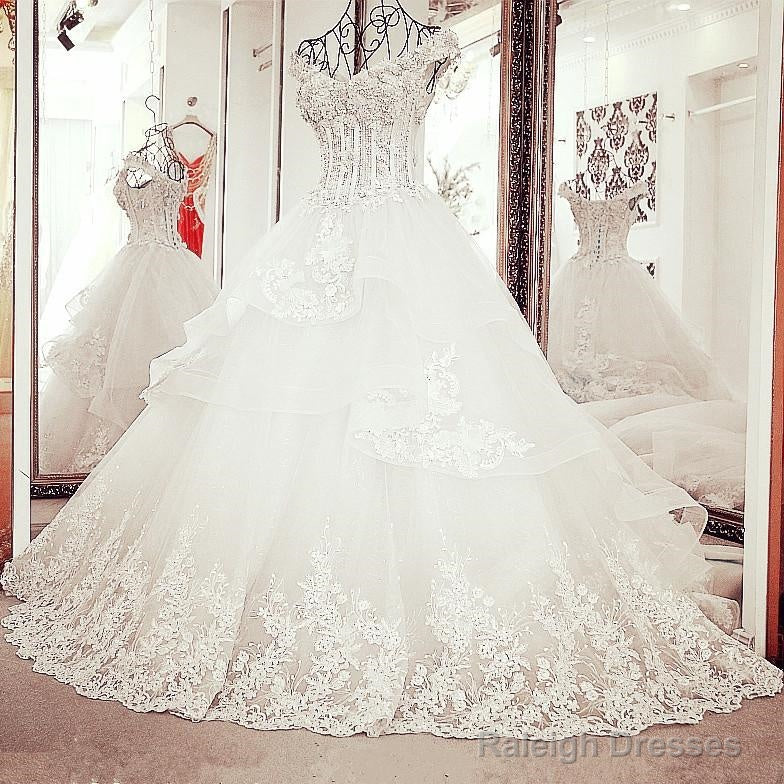 V Neck Off Shoulder Lace Appliques Beaded V Neck Tulle Wedding Dress Main image