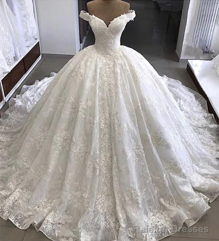 V-Neck Off The Shoulder Ball Gowns Wedding Lace Dress