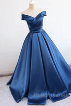 V Neck Off The Shoulder Long Satin Prom Dresses Ball Gowns