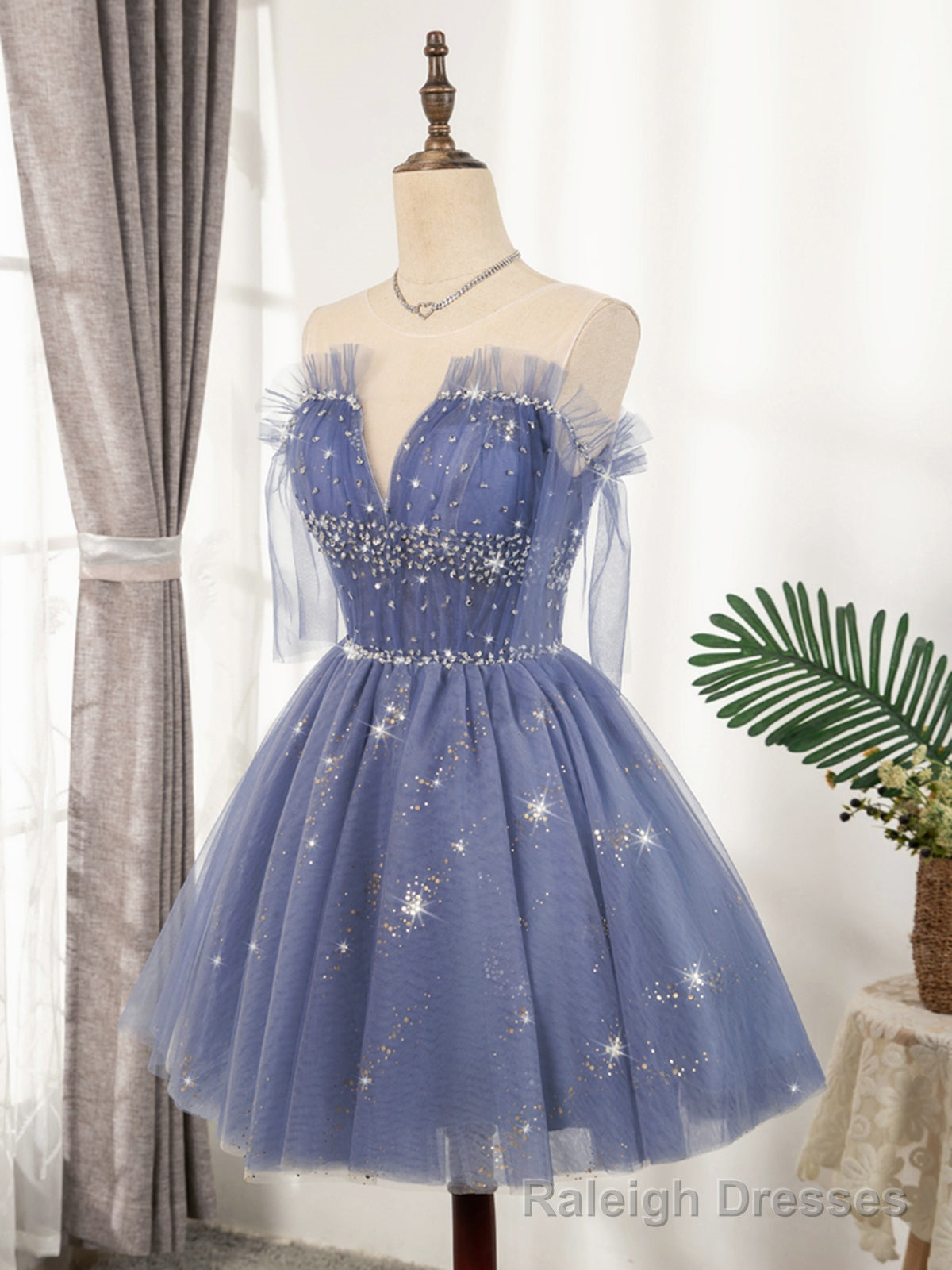 V Neck Off the Shoulder Short Blue Prom Dresses, Short Blue V Neck Graduation Homecoming Dresses Main image